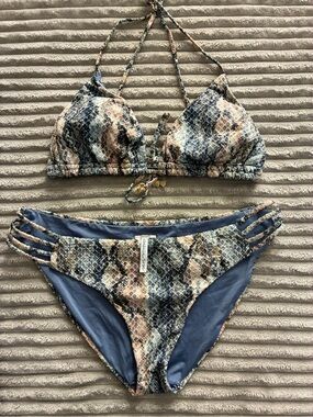 Snake Print Triangle Bikini Set - Brown/Gray